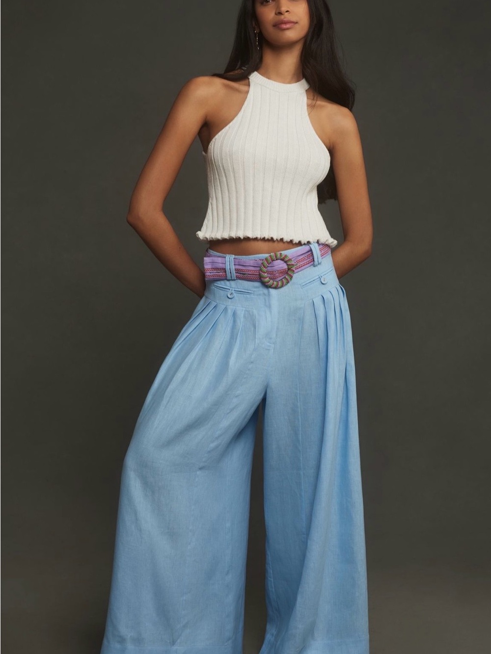 FARM Rio Light Blue Wide-Leg Linen Blend Pants